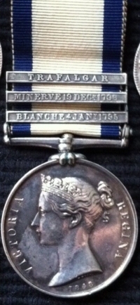 THE UNIQUE & MAGNIFICENT THREE CLASP  NAVAL GENERAL SERVICE MEDAL: TRAFALGAR, MINERVE 19th DECr 1796, BLANCHE 4th JANy 1795. To: 