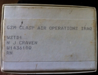 AN EXTREMELY RARE  & SELDOM SEEN "AIR OPERATIONS IRAQ" G.S.M. (TO A WOMAN). To: WSTD1 N.J.CRAVEN. R.N. In original named box with original ribbon.