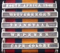 A VERY RARE "WEPENER" FIVE CLASP QUEENS SOUTH AFRICA MEDAL. To: 3232. Corporal A.T. BOND. CAPE MOUNTED RIFLES. 
(Later served in BASUTO POLICE) 