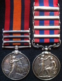 An exceptionally attractive FOUR CLASP I.G.S. (3rd Burmese War, & Black Mountain Expedition 1888-1891) and QSA pair, Gunner James Norris.1st & 2nd Mountain Battery, Scotts Div, & 5th Bty RFA. 
(From St Peters,Northampton) 