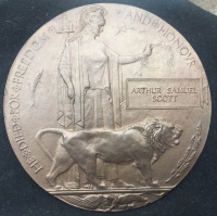 A RARE EARLY CAVALRY ENTRANT. D-5150 Cpl ARTHUR SAMUEL SCOTT, "C" Sqd, 6th Dragoon Guards (Carabiniers) 1914 Star & Bar Trio, Plaque & medal boxes & two uniformed pictures. KILLED IN ACTION 24th July 1915.