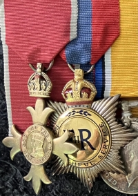 An Extraordinary O.B.E.(Civil) Imperial Service Order (QEII), WW1 (Siberian Intervention) War, Victory & Territorial War Medal.
1/9th Cyclist Bn HAMPS’ Regt. Defence & Coronation Medals 1937 & 1953, with T.F.E.M. (GV) & Police Specials Medal (GV).