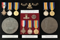 An Historic “Three Casualty Brothers” grouping of Eight medals, Two Plaques, & S.W.Badge. 1914 Trio, K.I.A. Neuve Chapelle, (2/Wilts), 1915 Trio, K.I.A. Vimy Ridge, (7/Royal Dublin Fus) & Pair. Serious Wound, Gallipoli, (1st Wilts)