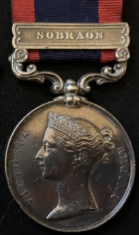 A Rare & Desirable “CHARGE of ALIWAL” Sutlej Medal.
SOBRAON Clasp & ALIWAL Reverse. With Maharajpoor Star 1843 To: WILLIAM PARRY 16th LANCERS.